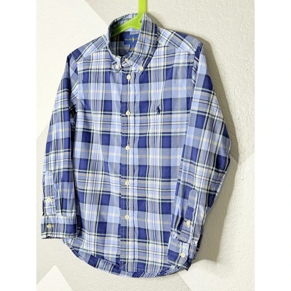 Ralph Lauren Boys Size 6 Blue Plaid Long Sleeve Button Down Cotton Shirt Preppy